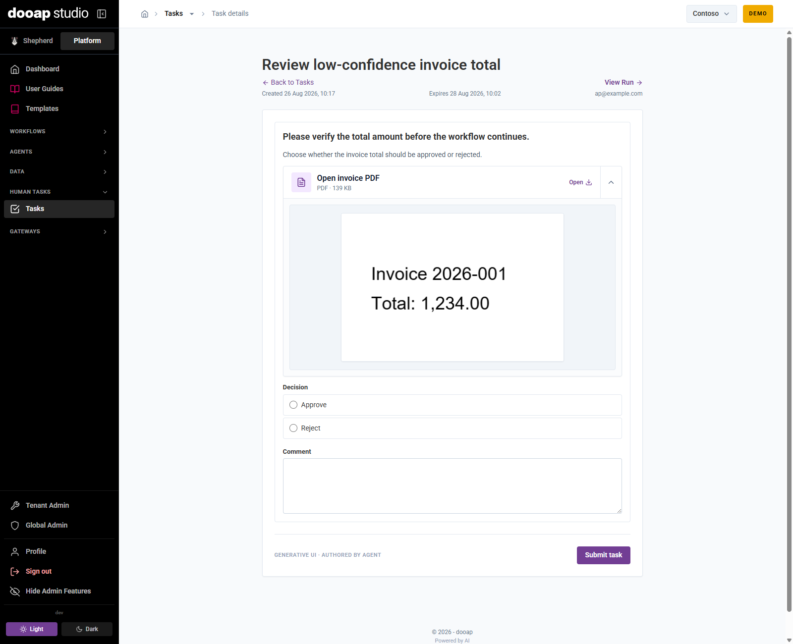 Completing a Human Task with input fields and a submit button