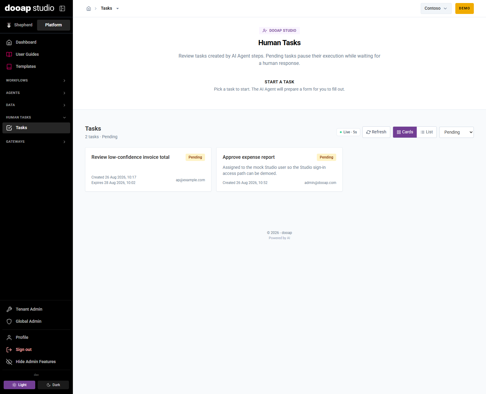 The Human Tasks page listing pending and completed tasks