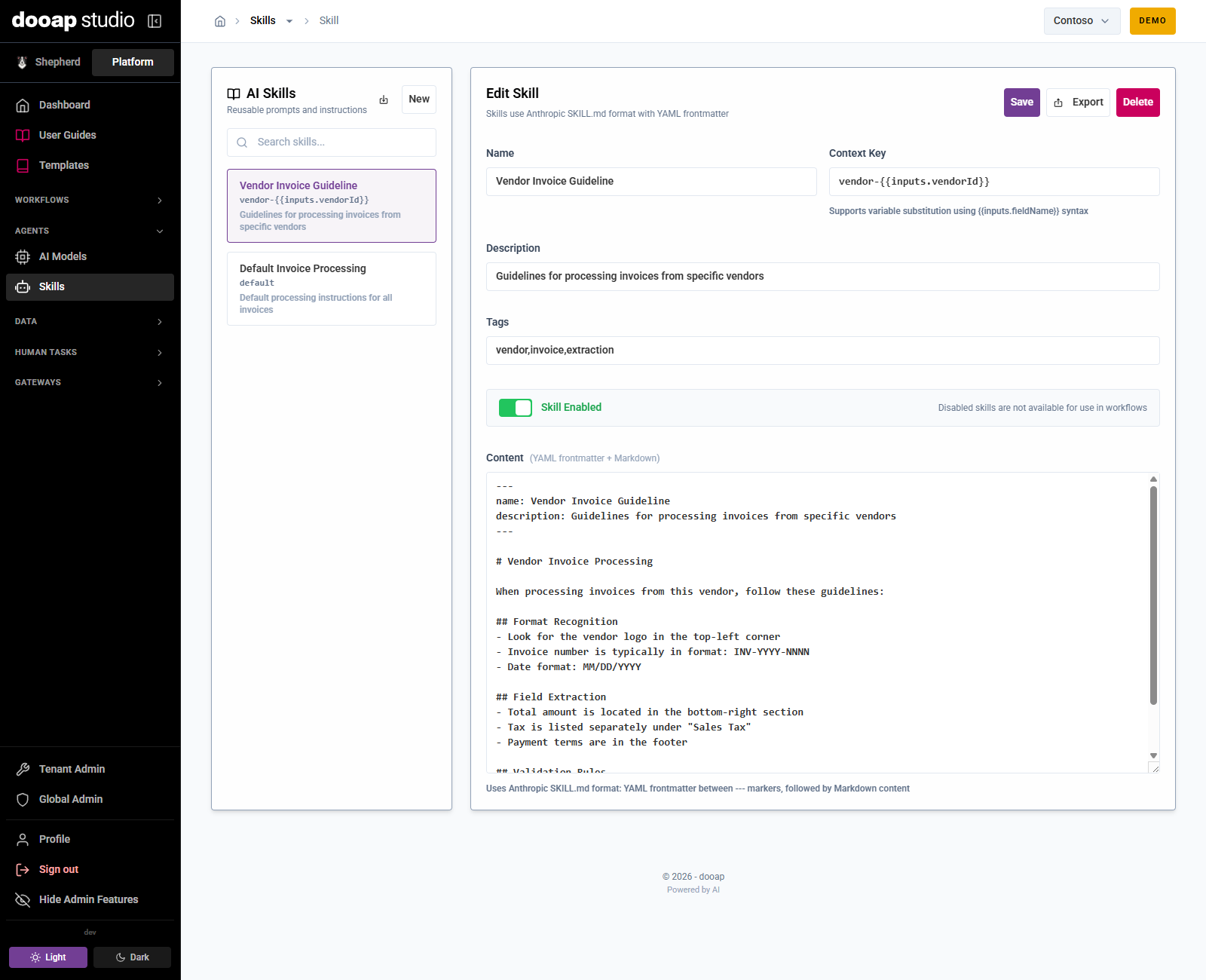 The Skills page with the skill list on the left and the skill editor on the right