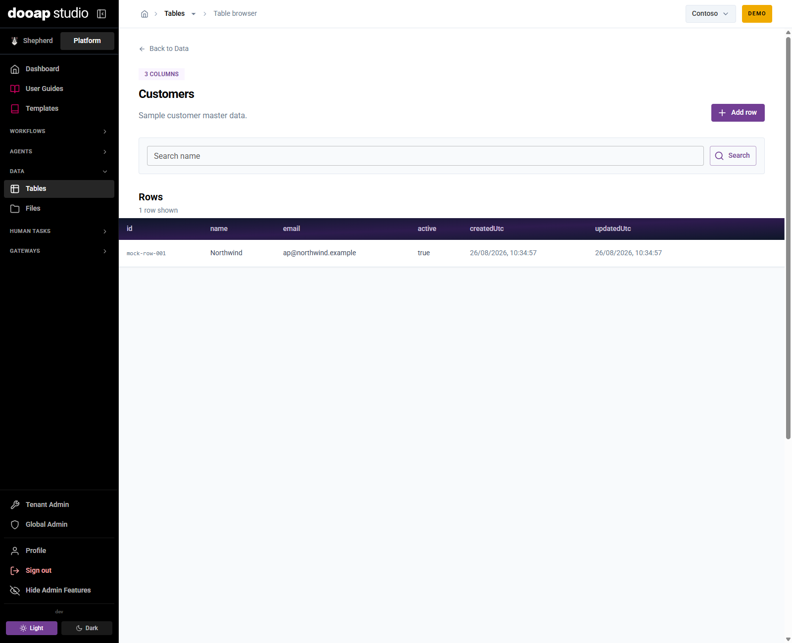 A Dooap Studio Data Table with typed columns and rows