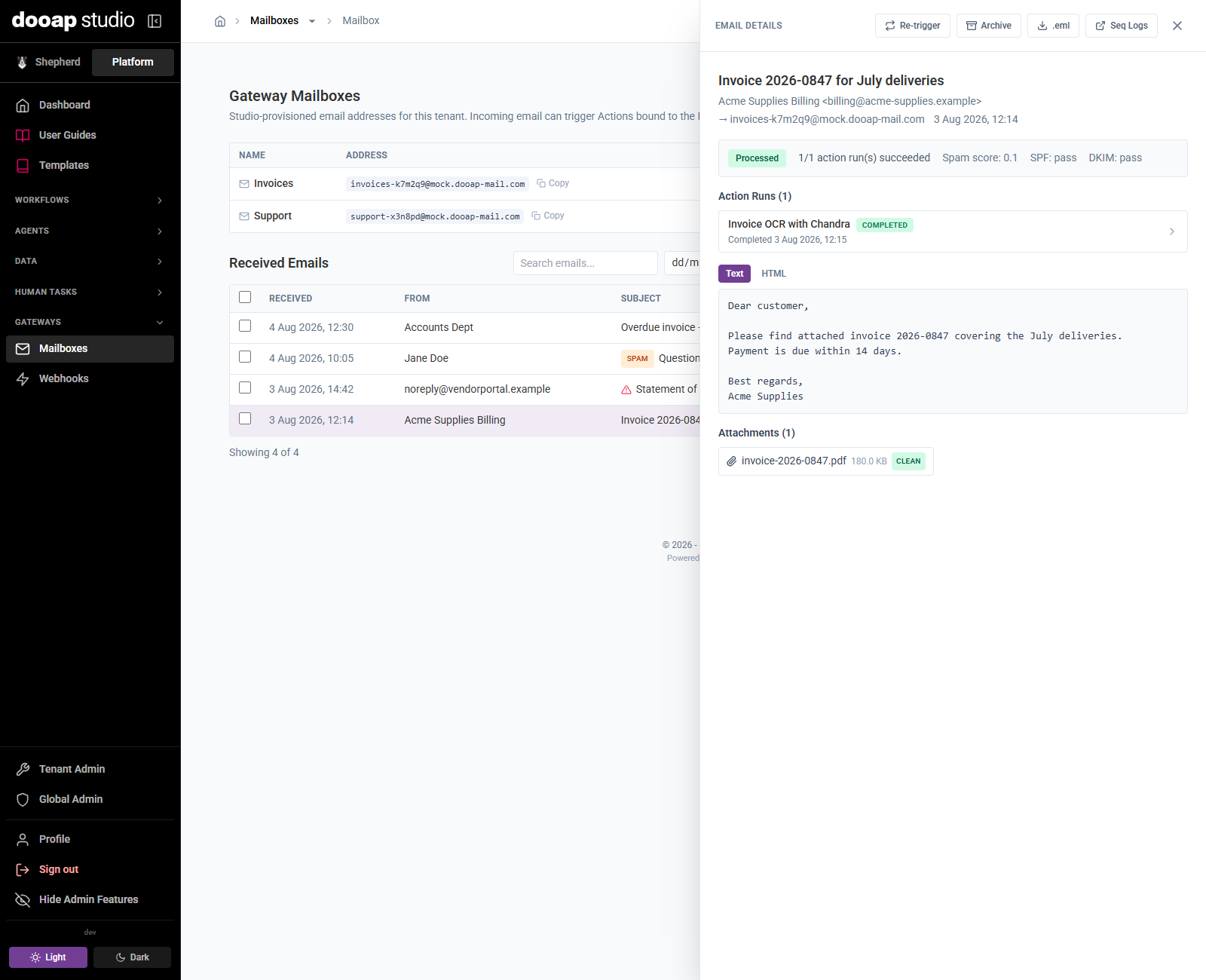 Email details panel with action runs and attachment