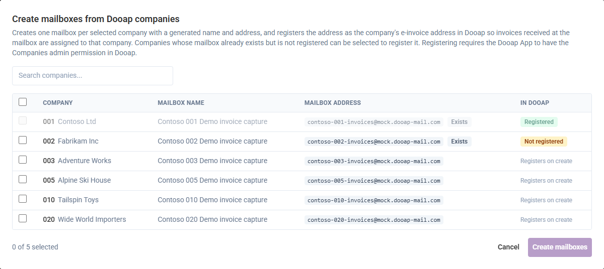 Create mailboxes from Dooap companies with the In Dooap column
