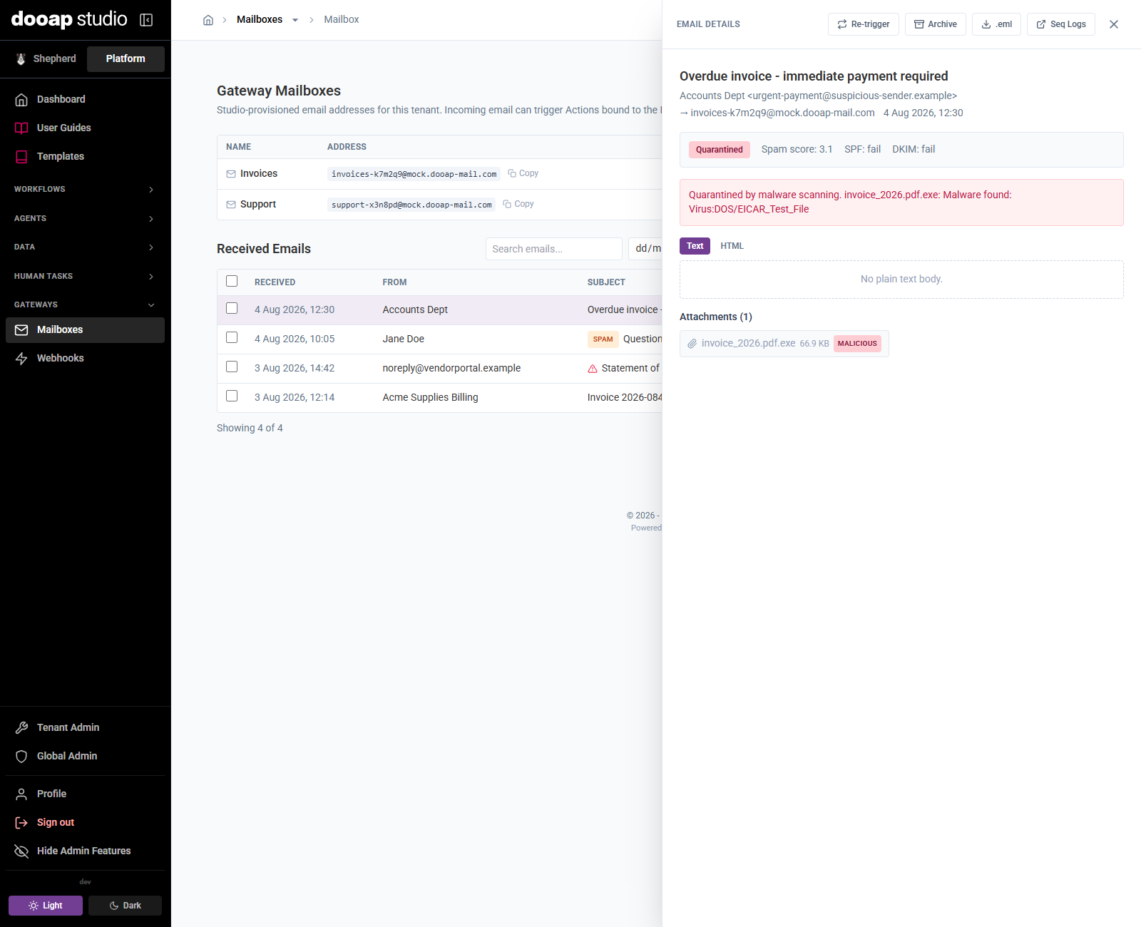 Quarantined email with a malicious attachment