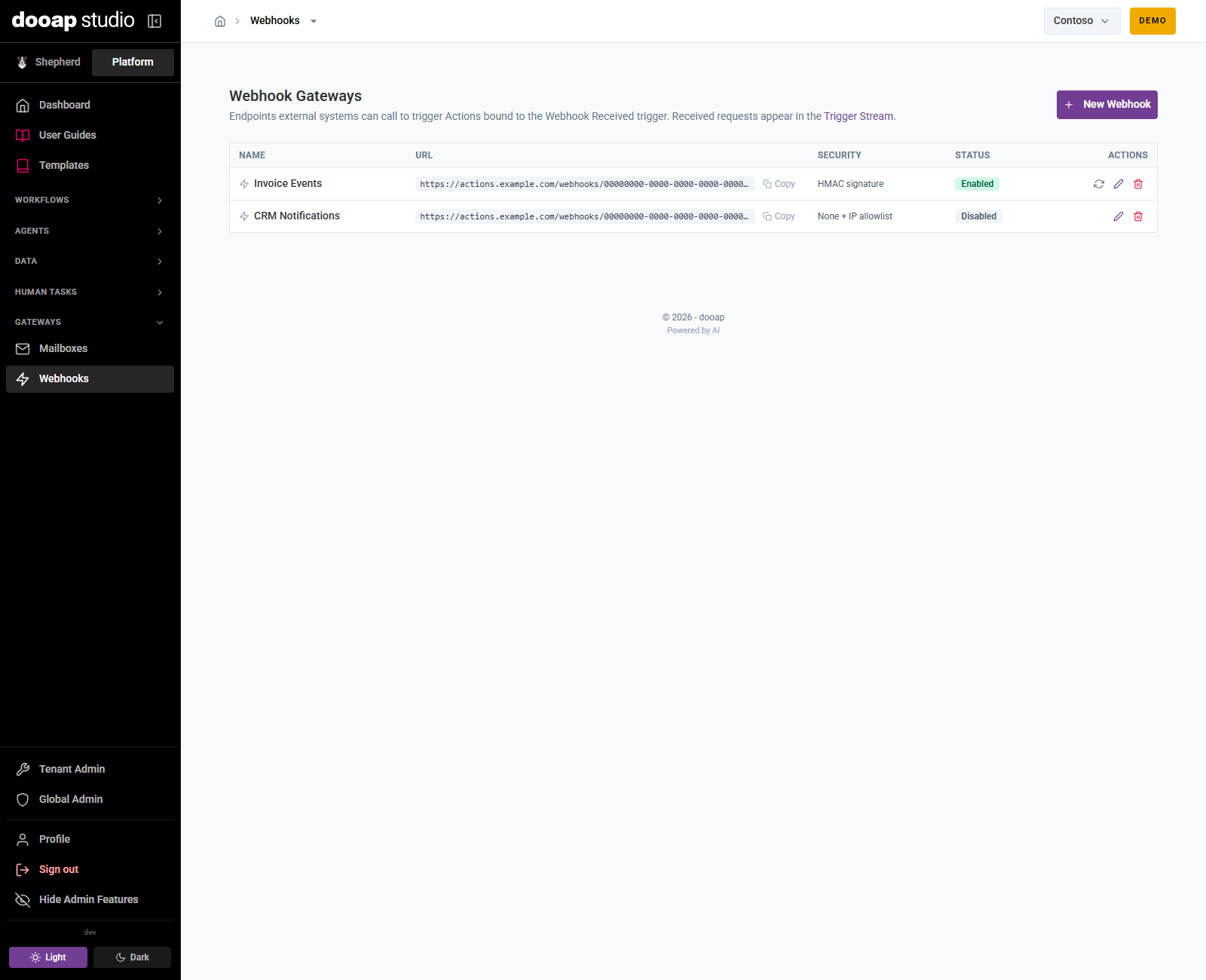 Webhook Gateways view in Dooap Studio