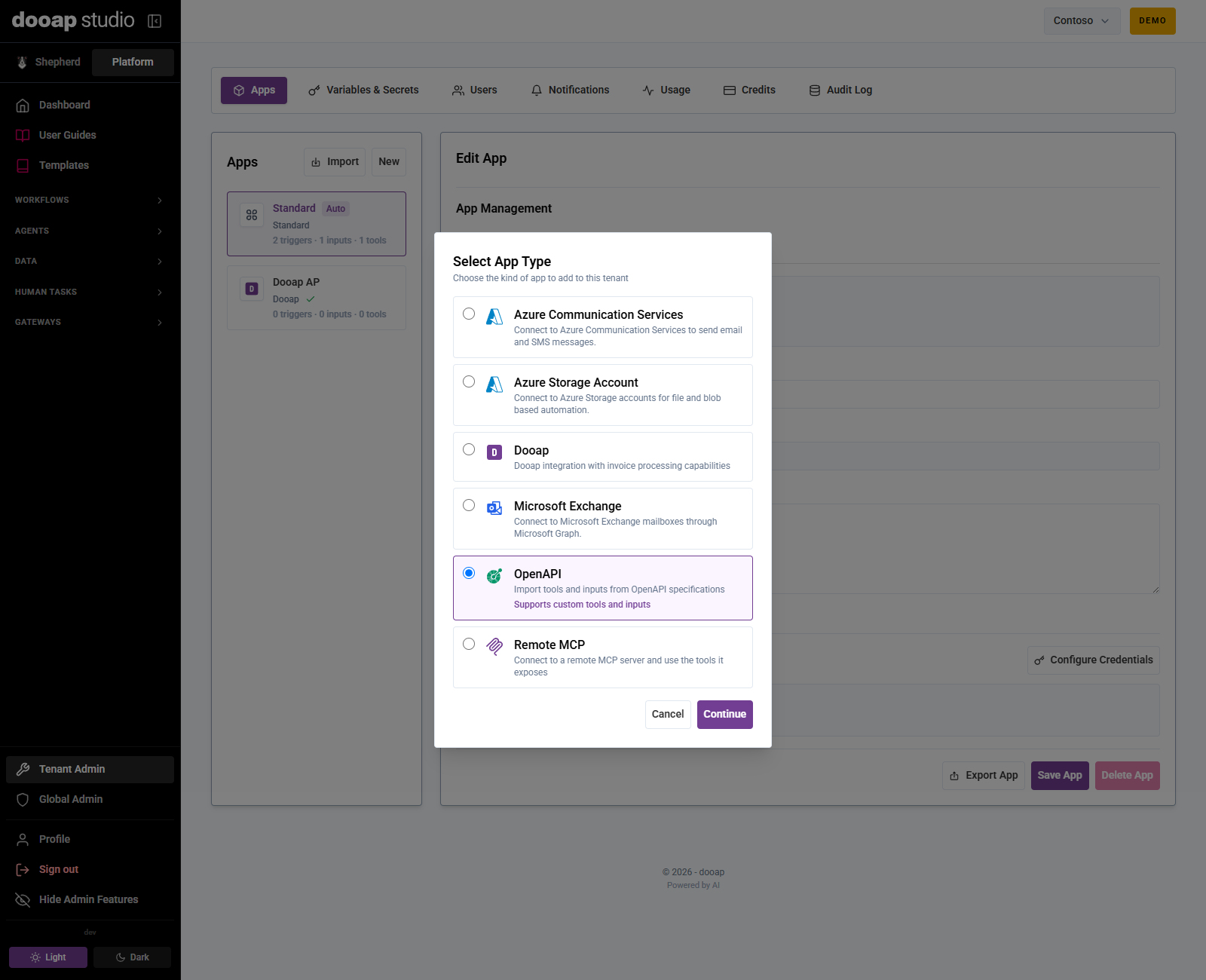 Select the app type when creating a new app