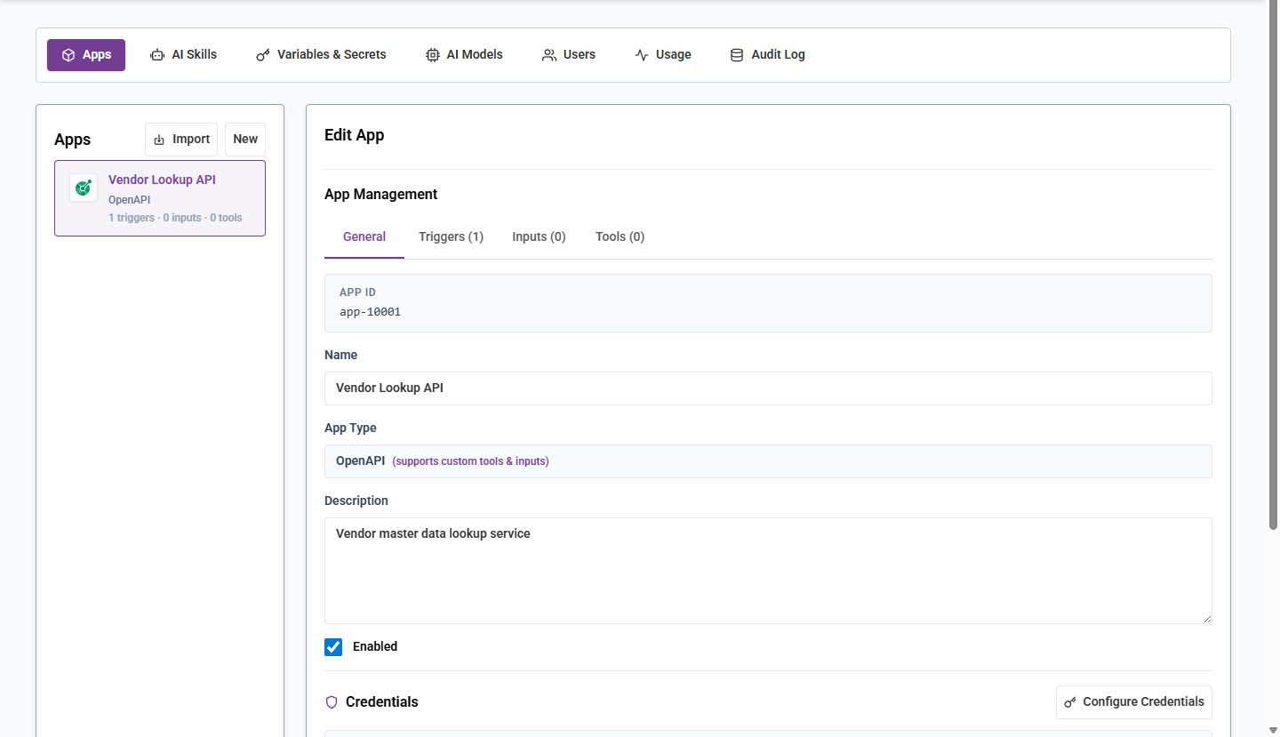 A custom OpenAPI App configured in Dooap Studio