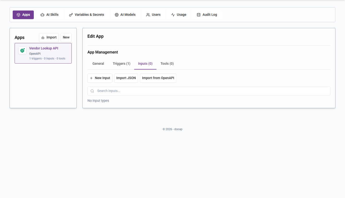 OpenAPI app — Inputs tab