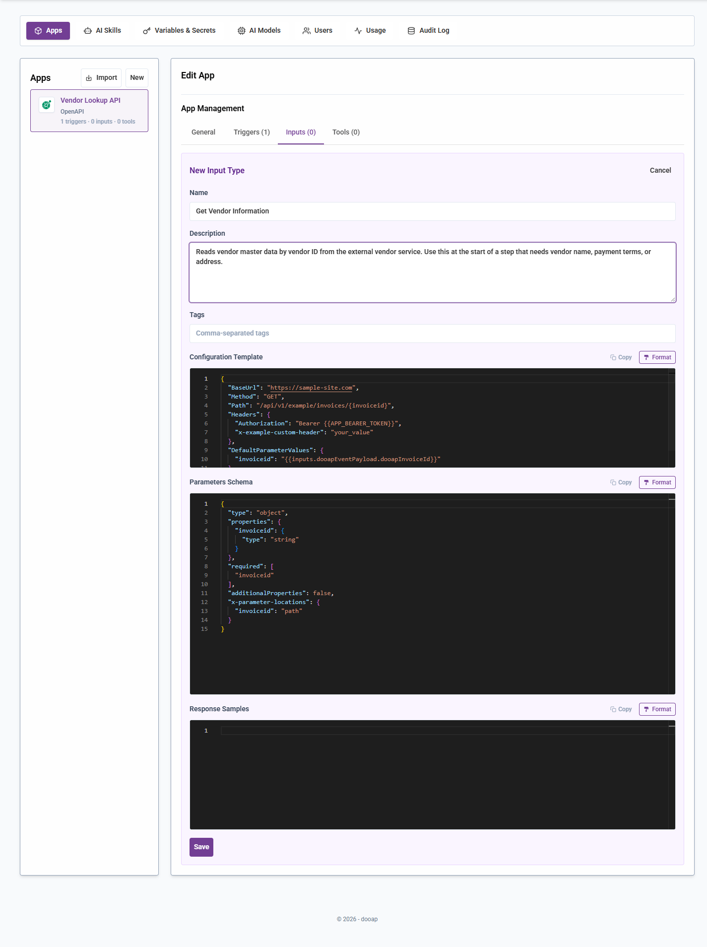 OpenAPI input editor — Configuration Template, Parameters Schema, Sample Response