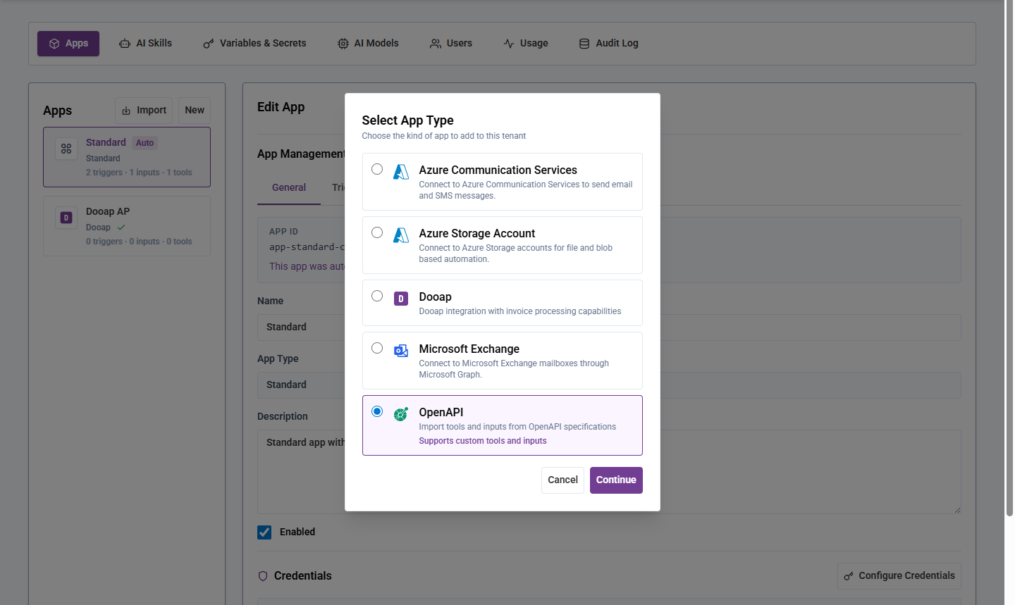 Select Microsoft Exchange or Azure Communication Services as the app type