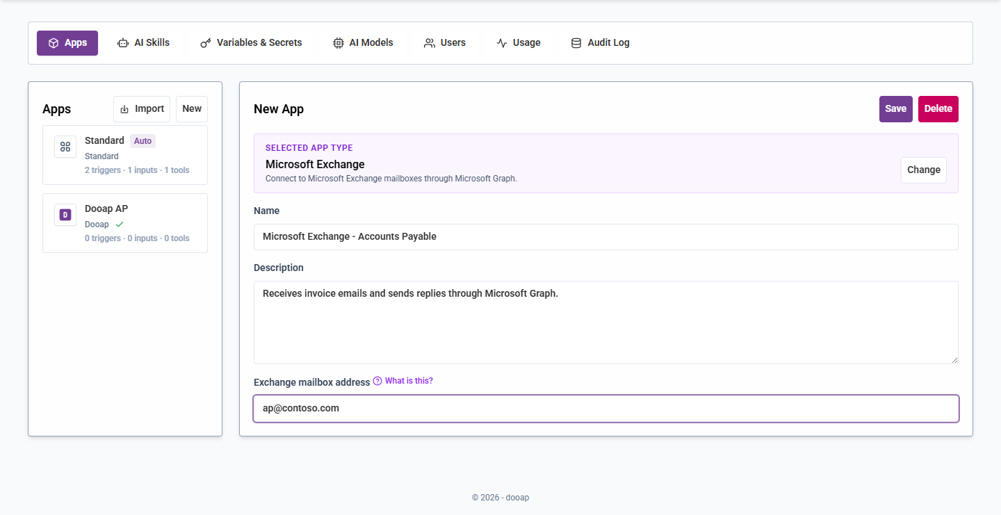 Configure the Microsoft Exchange app and default mailbox