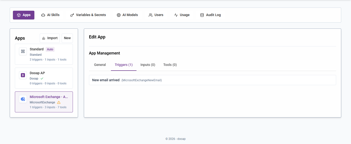 Microsoft Exchange app resources include the new-email trigger