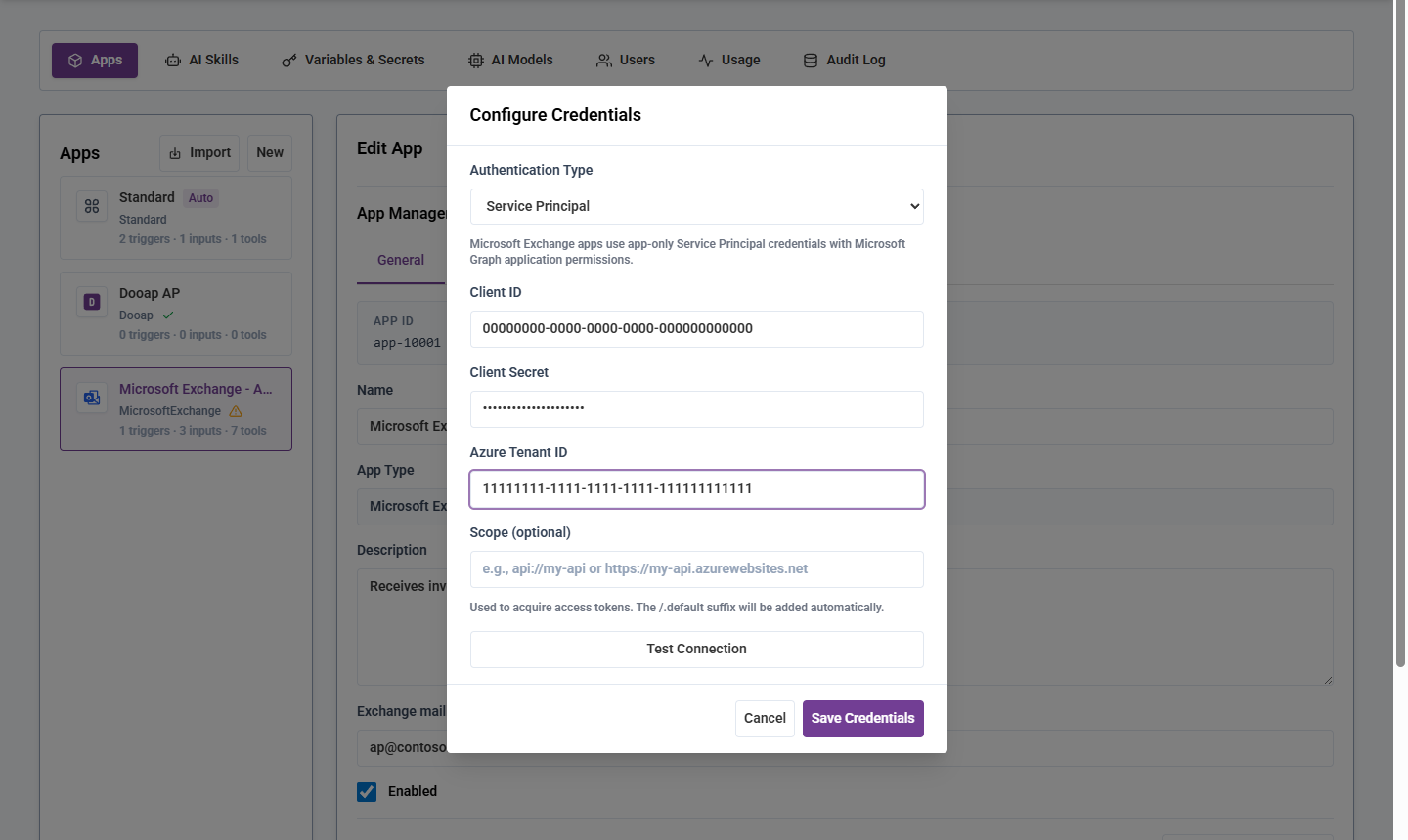 Configure Microsoft Exchange Service Principal credentials